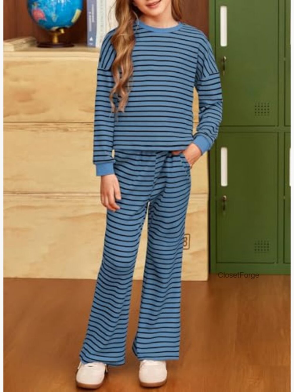 Kids Fall Waffle Long Sleeve Striped Sweatsuit Set Size 6-15 - Picture 2 of 7